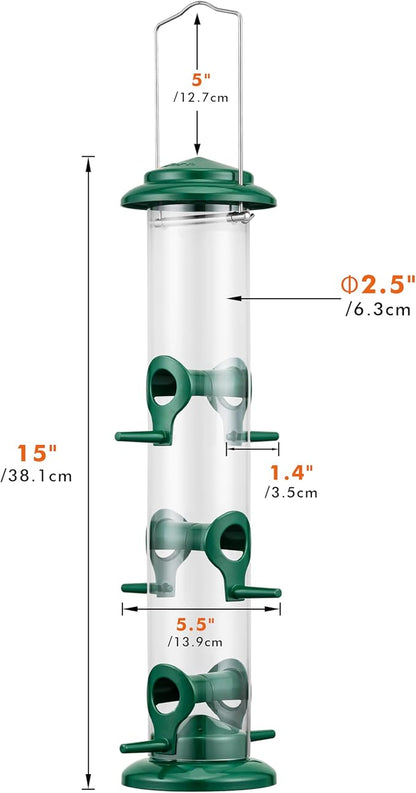 iBorn Metal Bird Feeders 6 Ports Hanging Wild Bird Seed Feeder for Mix Seed Blends, Niger Seed Feeder, Sunflower Heart, Birdbath, Heavy Duty All Metal Green Finishing 14 Inch 6Port, Pack of 2