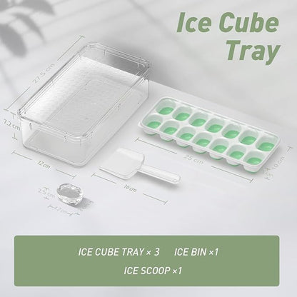 ChefAide Ice Cube Tray with Lid and Bin, 3 Packs 42 Cubes Silicone Plastic Ice Cube Trays for Freezer, Stackable Ice Tray with Container, Ice Scoop for Drinks, Coffee and Cocktails