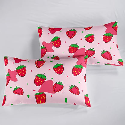 Kawaii Comforter Twin,Pink Strawberry Comforter Set for Kids Teens Girls,3Pcs Bedding Set Printed Comforter with 2 Pillowcases,Down Alternative,Soft and Lightweight，Twin Size