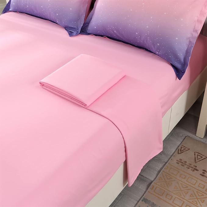 Wowelife Pink Bedding Set Twin Comforter Set for Girls 5 Pieces Glitter Galaxy Comforter Set Purple Rainbow Twin Bedding Set with Sheets Comfortable and Breathable for Kids