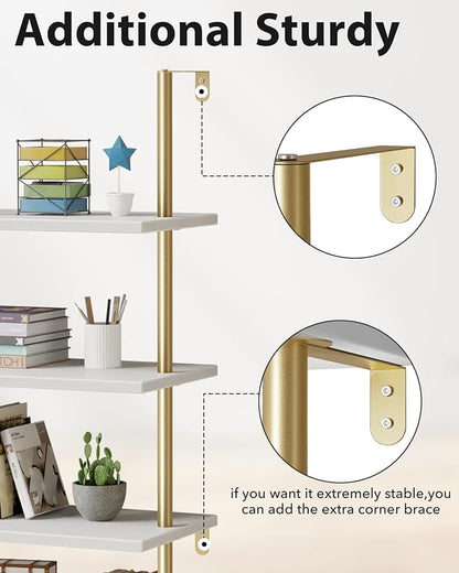 Ladder Shelf Bookcase 5 Tier, Extra Sturdy Modern Bookshelf Wall Mounted, Tall Standing Open Shelf White and Gold, Industrial Metal Frame with Wooden Shelf
