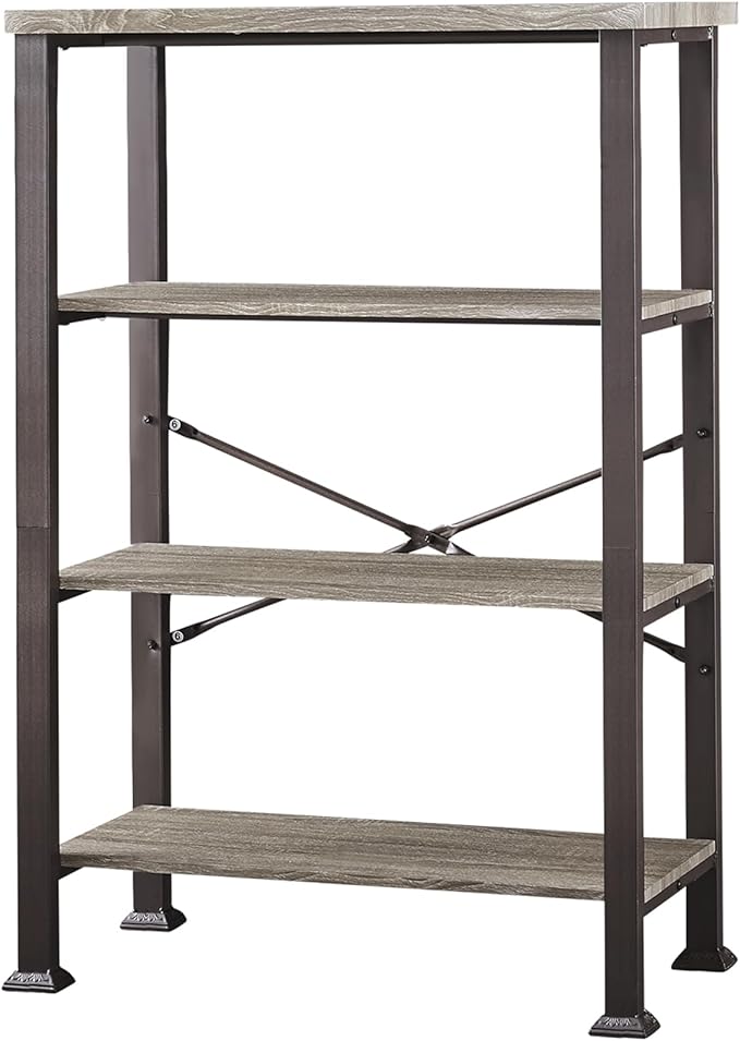 HOMBAZAAR Bookshelf, 4-Tier Vintage Industrial Book Shelf, Rustic Wood and Metal Bookcase and Bookshelves, Free Standing Storage Large Bookshelf for Living Room, Bedroom and Kitchen, Grey Oak