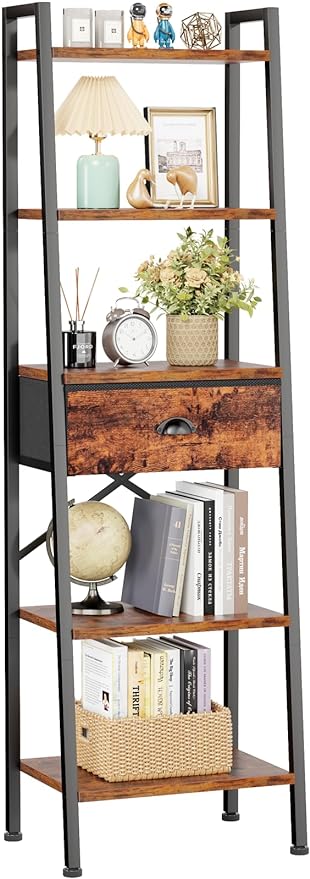 Furologee 5 Tier Ladder Shelf with Drawer, Tall Bookshelf Storage Shelves, Bookcase Standing Shelf Units, Industrial Open Display Shelves Organizer for Bedroom, Living Room, Kitchen, Rustic Brown…