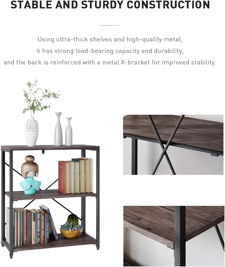 Bookshelf,3-Tier Folding Bookcase,Industrial Book Shelf,Rustic Wood Storage Shelves,Tall Bookshelf,Shelves For Bedroom,Office,Kitchen,Living Room,Study Room,No Assembly Folding Bookshelf,Black