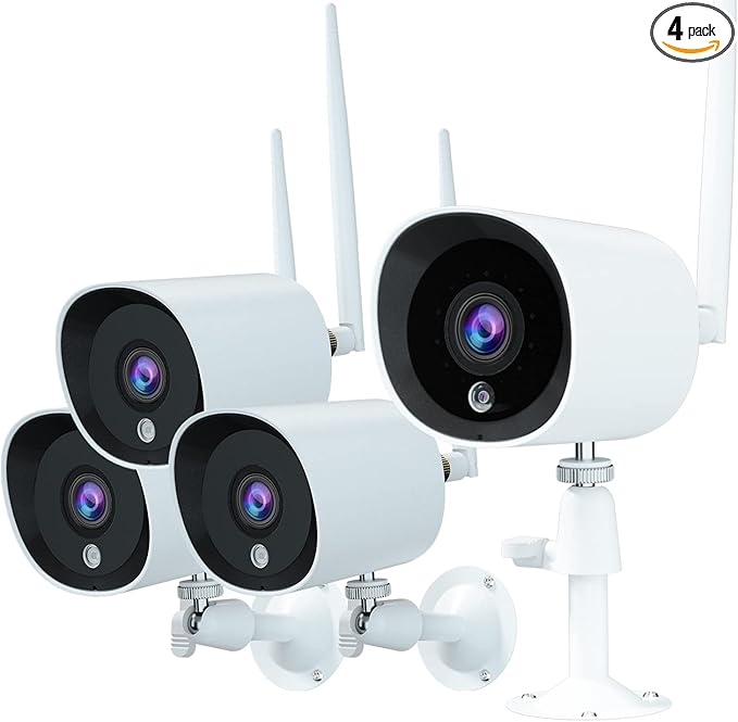 Rraycom 4Pack 2K Security Cameras Outdoor, 3MP WiFi IP Camera with Night Vision, Motion Detection, IP66 Waterproof, Cloud Storage, 24/7 Live View Video, Compatible with Alexa