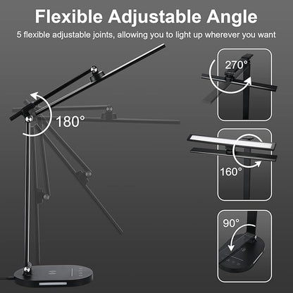 LED Desk Lamp with Wireless Charger, USB Charging Port, Touch Control, 5 Color Modes, 5 Brightness Level, Eye-Caring Desk Lamp for Study Reading, 1H Timer, Home Office Table Lamp