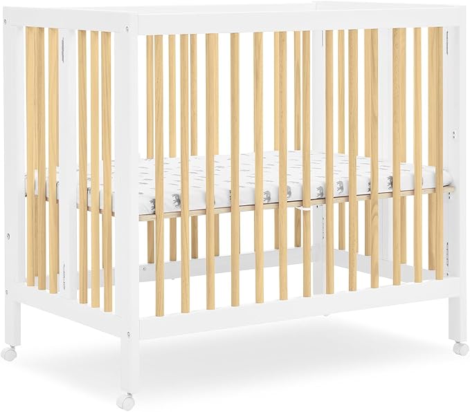 Delta Children Mia Portable Folding Mini Crib with 1.5-Inch Mattress - Greenguard Gold Certified, Bianca White/Natural