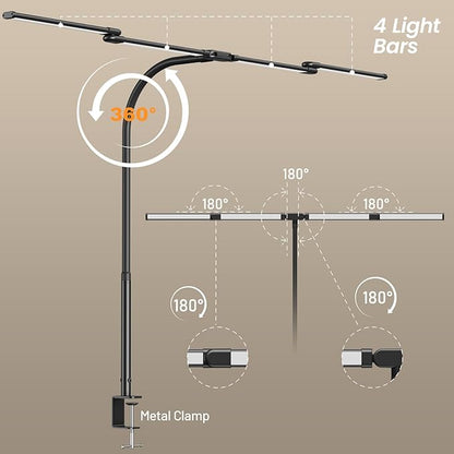 BOHON LED Desk Lamp for Home Office, 24W Architect Task Lamp with Clamp, Desktop Controller, 5 Color Stepless Dimming Table Light, Screen Computer Monitor Gooseneck Lamp for Reading Study Workbench