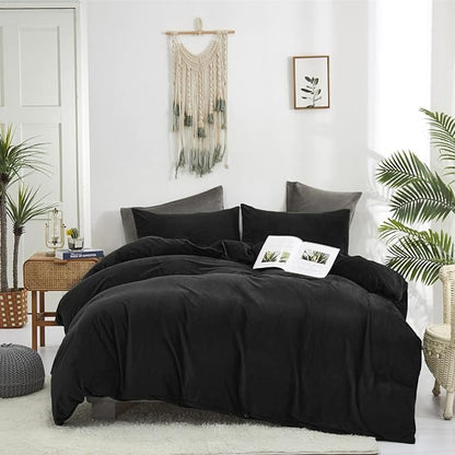Wellboo Black Velvet Comforter Sets King Solid Black Fluffy Bedding Comforters Solid Color Flannel Quilt Women Men Plain Black Comforters Micromink Sherpa Fuzzy Warm Bed Adults Dorm Plush Bedding