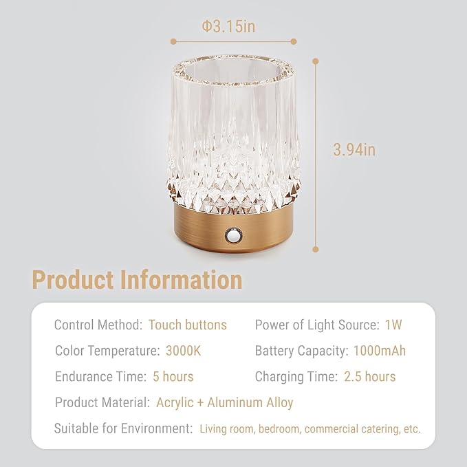 KOSTA Crystal Table Lamp Premium Vase Rechargeable Crystal Vase Lamp Heavy Handmade Modern Vases for Decor Home Bedroom Kitchen Office Living Room Birthday Gift
