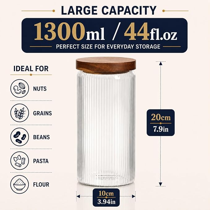 Ribbed Glass Jar with Wooden Lid 16.9oz / 27oz | Airtight Fluted Storage Container for Food, Pasta, Coffee, Candy, Dog Treats, Snacks | Canisters for Home & Kitchen (44 fl.oz / 1300ml -3X)