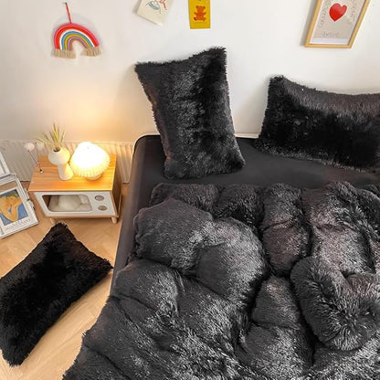 Faux Fur Kids Girls Black Comforter Sets Twin/Full - 3PC Bed Set Warm Comfortable Soft Plush Flannel Velvet Fluffy Fuzzy Bedding（Comforter x 1 Pillowcases x 2）