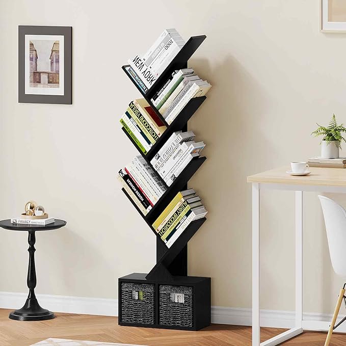 Vagusicc 6 Tier Tree Bookshelf - Modern Shelf Floor Standing Bookcase with Baskets, Tall Wood Book Storage Rack for Books/CDs, Tree Utility Book Organizer Shelves for Living Room, Home Office, Bedroom