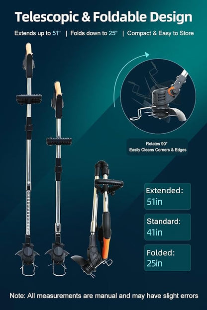 Cordless String Trimmer, Weed Wacker, Nylon Trimmer Head as Its Core Cutting Accessory, Telescopic Shaft and Foldable, 2 x Batteries, String Trimmer Cordless for Lawn, Garden and Yard, Black