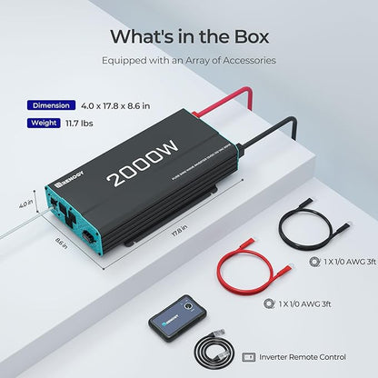 Renogy Inverter P2 2000 watt Pure Sine Wave Inverter, Solar Car Power Inverter 12V to 120V AC Converter for RV, Truck, Camping, Home Backup, Outdoor, Emergency, Off-Grid Living, 16.4FT Remote Control