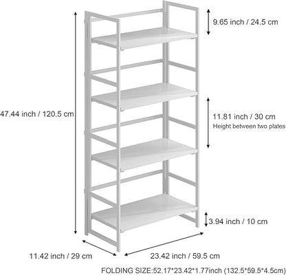 No-Assembly Folding Bookshelf Storage Shelves 4 Tiers Vintage Multifunctional Plant Flower Stand Storage Rack Shelves Bookcase for Home Office(All White)