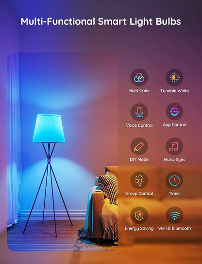 Govee Smart Light Bulbs, Color Changing Light Bulb, Works with Alexa and Google Assistant, 16 Million Colors RGBWW, WiFi & Bluetooth LED Light Bulbs, Music Sync, A19, 800 Lumens, 1 Pack