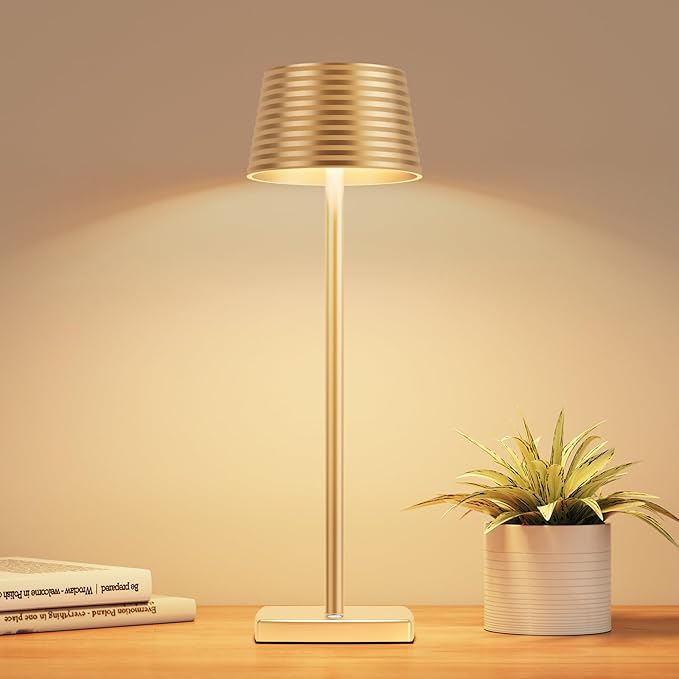 Rechargeable Cordless Table Lamp, Battery 6000mAh Metal Aluminum Housing USB LED Portable Powered Desk Lamp, 3 Levels Brightness Night Light for Restaurants Bars Outdoor (Gold)