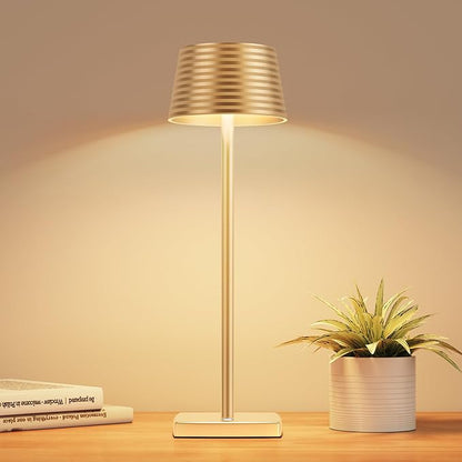 Rechargeable Cordless Table Lamp, Battery 6000mAh Metal Aluminum Housing USB LED Portable Powered Desk Lamp, 3 Levels Brightness Night Light for Restaurants Bars Outdoor (Gold)