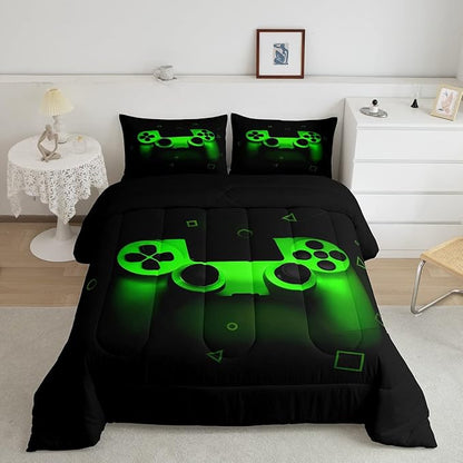 Gamer Comforter Set For Boys Full,Gaming Bedding Comforters For Kids Teens Men Game Room Decor,Video Game Down Comforter Reversible Retro Green Gamepad Controller Quilt Duvet Sets Home Decor 3 Pcs