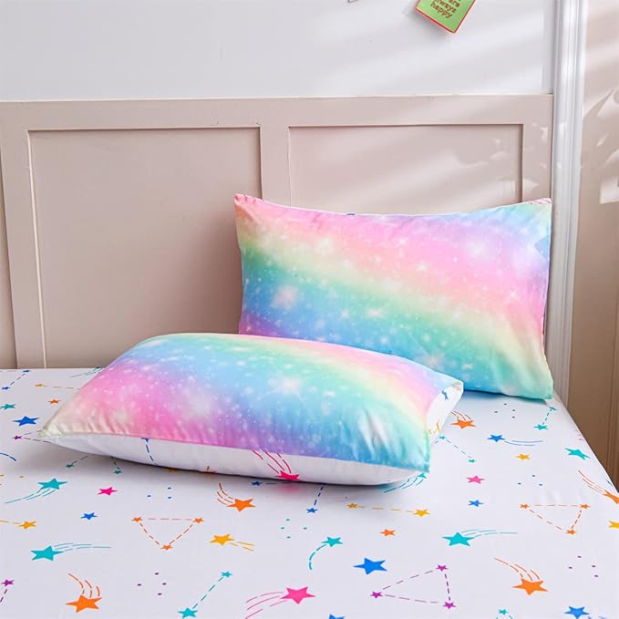 Holawakaka Girls Ombre Glitter Comforter Set, Twin Size Gradient Rainbow Galaxy Print Kids Bedding Sets, Multi-color Ultra-soft Dorm Bed Set (Pink Green, Twin)