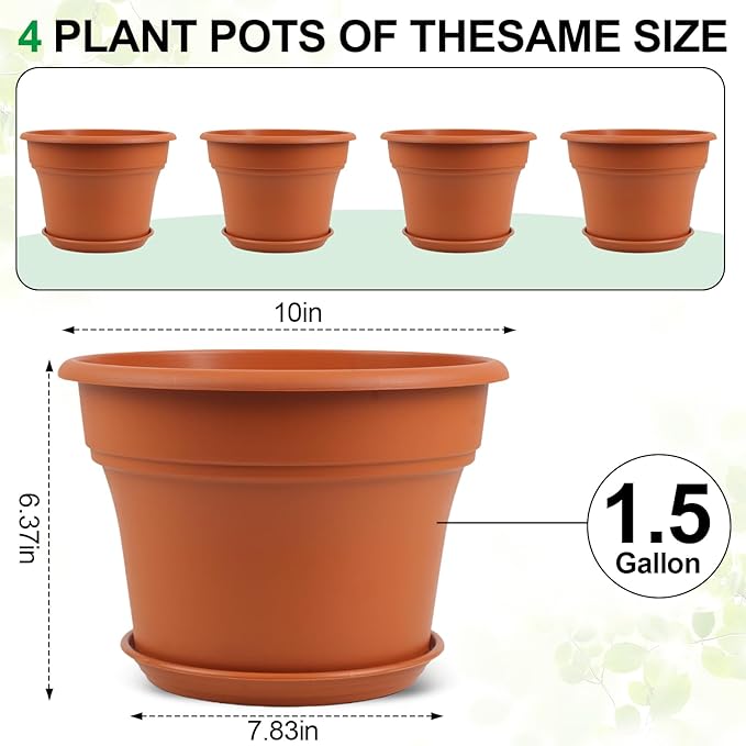 10 Inch Plastic-Flower-Pot-for-Indoor-Plants, 4 Pack Large Outdoor Planter Pot with Drainage Holes & Saucers, Resin Decorative Garden Pots Planters