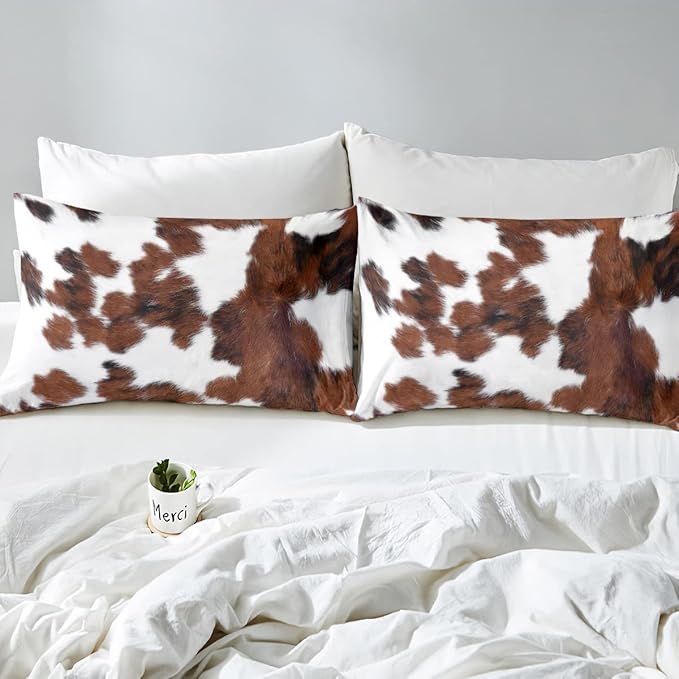 Erosebridal Cowhide Comforter Set for Kids Boys, Cute Brown White Cow Bedding Set King Size, Farm Animal Skin Down Comforter Western Cowboy Country Duvet Sets Farmhouse Decoration