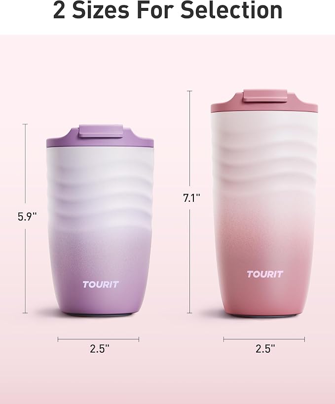 TOURIT 16 oz Travel Coffee Mug, Vacuum Insulated Stainless Steel Tumbler with Ripple-Wave Anti-Slip Grip, Built-in Silicone Bottom for Quiet & Stable, Leak-Proof Lid, Fits Car Cup Holder, Lilac