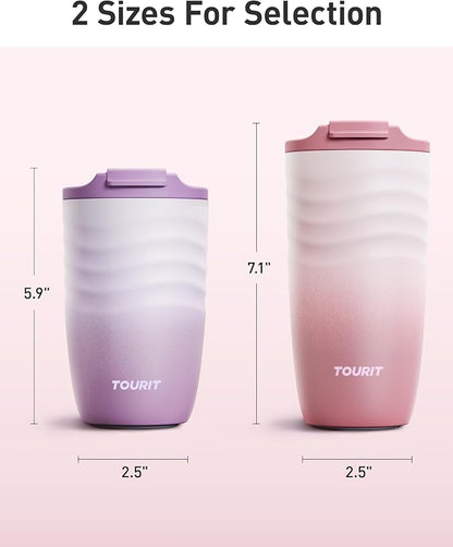 TOURIT 16 oz Travel Coffee Mug, Vacuum Insulated Stainless Steel Tumbler with Ripple-Wave Anti-Slip Grip, Built-in Silicone Bottom for Quiet & Stable, Leak-Proof Lid, Fits Car Cup Holder, Lilac