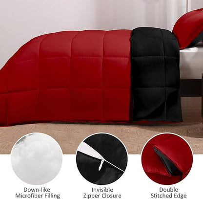 Basic Beyond King Size Comforter Set - Fluffy King Bed Comforter Set for All Seasons - Reversible Red Comforter Set King - 3 Pieces (1 Comforter + 2 Pillow Shams) - Red/Black