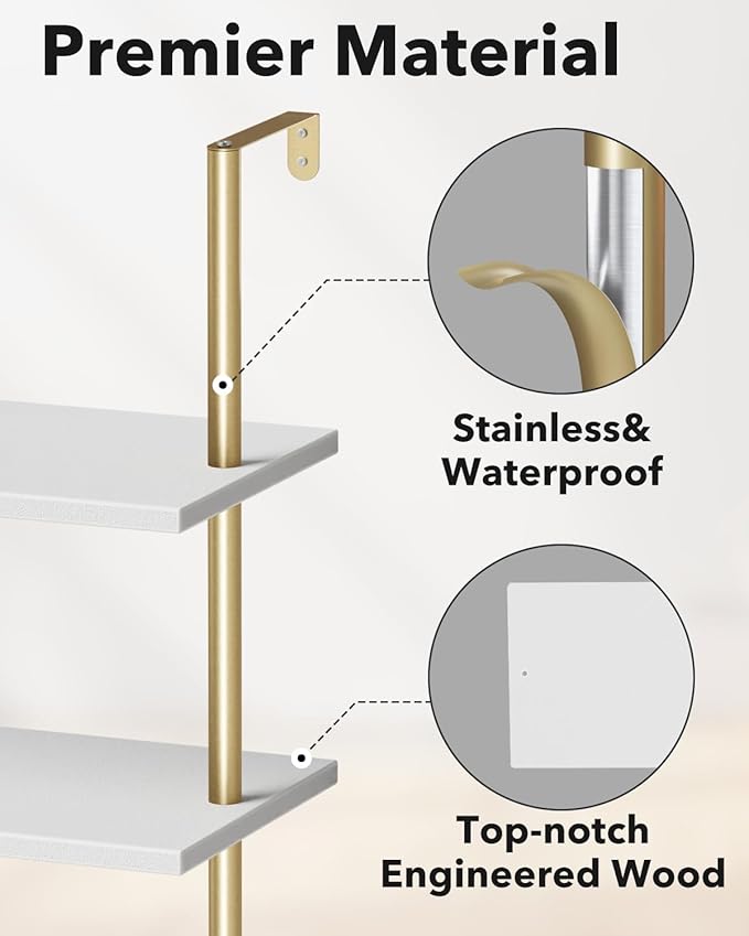 Ladder Shelf Bookcase 5 Tier, Extra Sturdy Modern Bookshelf Wall Mounted, Tall Standing Open Shelf White and Gold, Industrial Metal Frame with Wooden Shelf