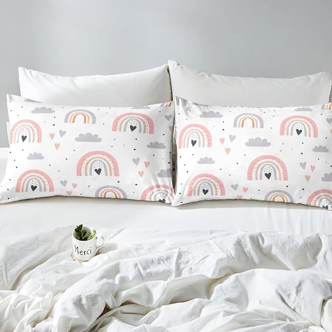 Rainbow Queen Bedding Sets For Girls, Kawaii Cloud Comforter Set 3 Pieces With 2 Pillow Cases, Pink Love Heart Down Comforter For Kids Boys Women Adult, Hand Drawn Cartoon Rainbow Duvet Insert