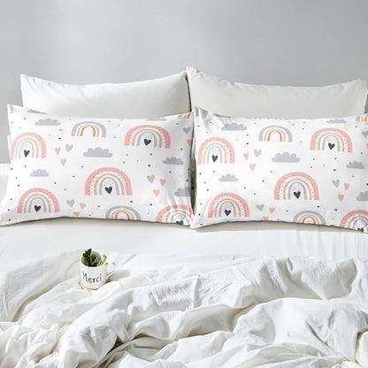 Rainbow King Bedding Sets For Girls, Kawaii Cloud Comforter Set 3 Pieces With 2 Pillow Cases, Pink Love Heart Down Comforter For Kids Boys Women Adult, Hand Drawn Cartoon Rainbow Duvet Insert