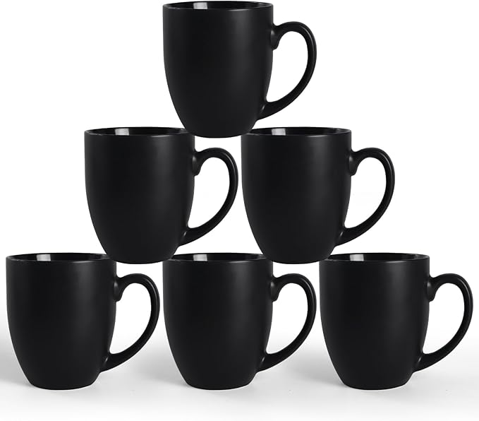16 OZ Black Stoneware Coffee Mugs Set of 6 | Large Ceramic Coffee Cups with Handle, Porcelain Coffee Mugs Sets for Latte, Milk, Tea and Juice