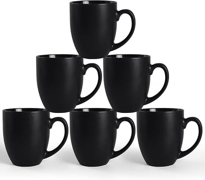 16 OZ Black Stoneware Coffee Mugs Set of 6 | Large Ceramic Coffee Cups with Handle, Porcelain Coffee Mugs Sets for Latte, Milk, Tea and Juice