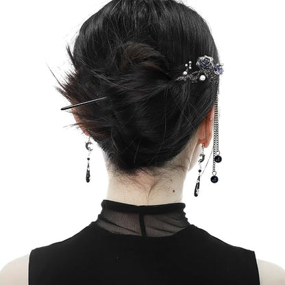 6PCS Chinese Hair Sticks Set, Black Japanese Hair Stick with Pearl Flower Butterfly Design Metal Hair Chopsticks Hair Bun Updo Holders Long Thick Hair Accessories for Women