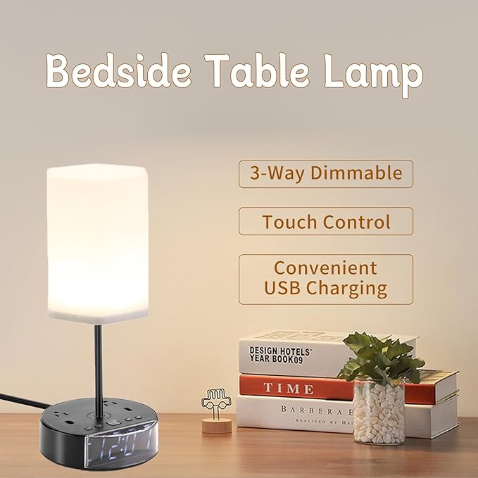 Touch Control Nightstand Light Bedside Table Lamp with USB C Charging Ports Alarm Clock 3 Way Dimmable Lamp for Bedroom Living Room Home…