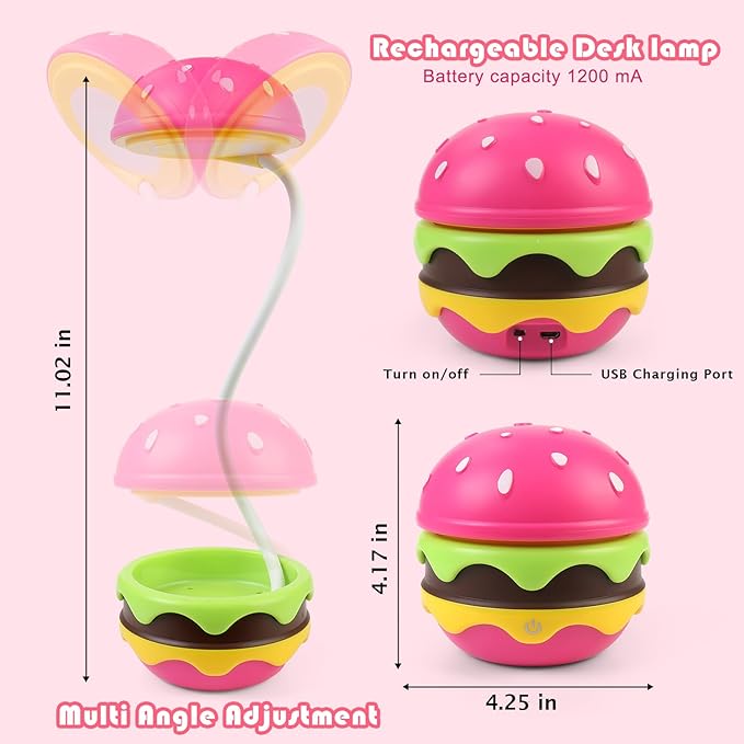 Cute Desk Lamp for Kids, Hamburger Girls Small Desk Lamps Rechargeable with Dimmable Touch Adjustable Neck, Kawaii Desk Lamp Night Lights,Girl Desk Accessories Kawaii Room Decor for Kid Gifts