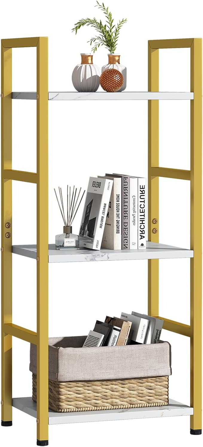 Bookshelf Storage Shelf Bookcase, 3 Tier Industrial Bookcase,Small Book case for Living Room, Bedroom, and Home Office, Easy Assembly Free Combination Multi-Functional Organizer(3 Tier,Gold)