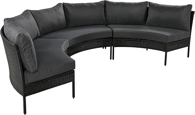 Spa Surround 3 Pieces Outdoor Patio Furniture, Weather Rattan Wicker Sectional Conversation Thick Cushions, Curved Half Moon Seating Group Sofa Set, Zp-Grey