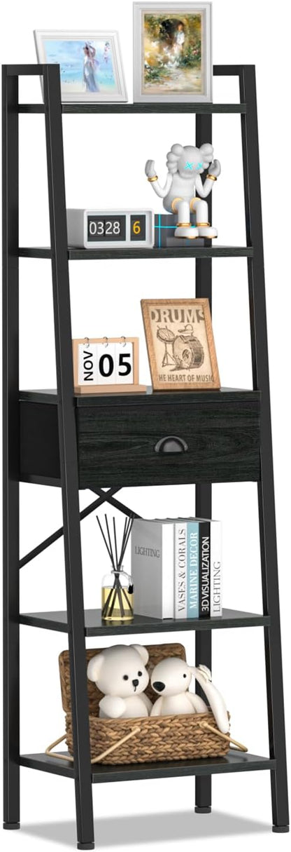 Furologee 5 Tier BookShelf, Ladder Shelf with Drawer, Tall Bookcase Corner Shelf, Narrow Shelf Industrial Display Standing Units for Home Office, Living Room, Bedroom, Kitchen, Black Oak
