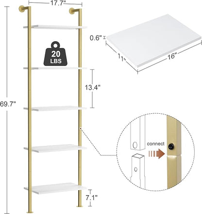 5-Tier Bookshelf Solid Wood Ladder Shelf, Narrow Book shelf Display Shelf, Wooden Ladder Shelf Bookcase, Wall Mount Ladder Shelf, Storage Rack for Living Room, Bedroom, Bathroom, White and Gold