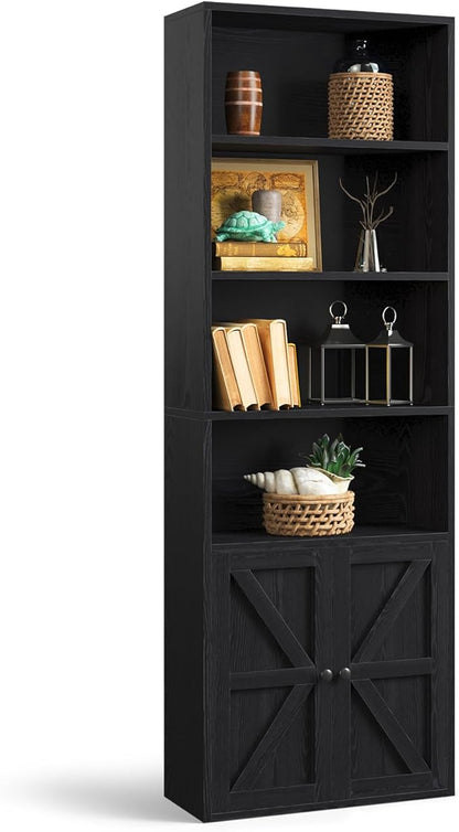 oneinmil 6 Tier Bookshelf and Bookcase, Wooden Bookshelves with Cabinet Doors, Floor Bookshelves and Office Storage Cabinets for Home Office, Living Room,Black