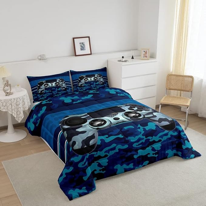 Feelyou Gamer Comforter Set Camouflage Gaming Video Game Bedding Set for Kids Boys Children Blue Camo Gamer Console Comforter Soft Gamepad Decor Quilt Set Queen Size