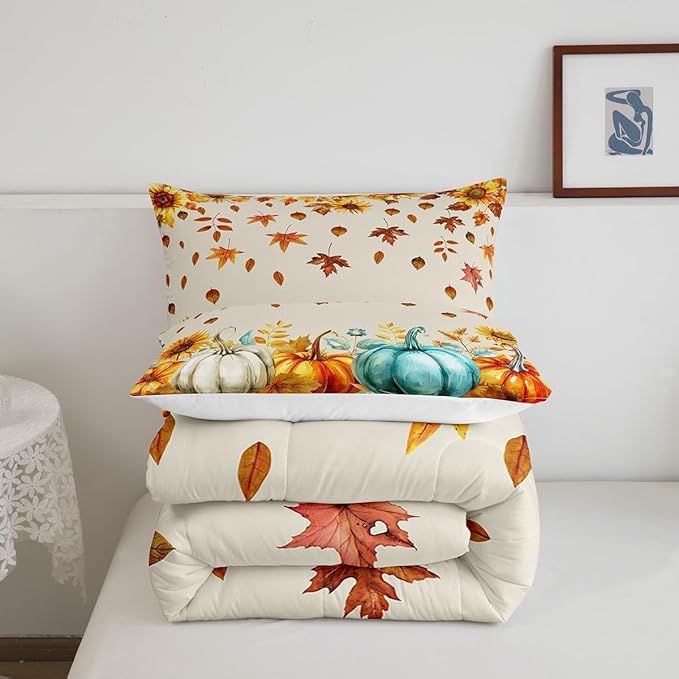 Fall Pumpkin Bedding Set For Home Queen Thanksgiving Harvest Season Fruit Decor Comforter Set Autumn Fall Maple Leaf Quilt Comforter for Kids Teen Adults,Rustic Farm Sunflower Bed Sets 2 Pillow Cases