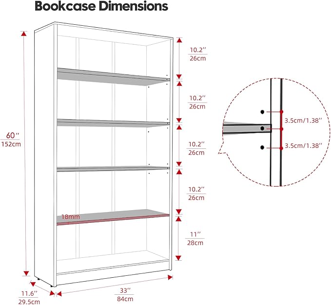Farini 5 shelf boockase Display Bookcase Freestanding Wooden Bookshelves for Home Office Living Room,60 Inch Height,Cherry