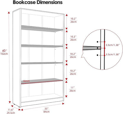 Farini 5 shelf boockase Display Bookcase Freestanding Wooden Bookshelves for Home Office Living Room,60 Inch Height,Cherry