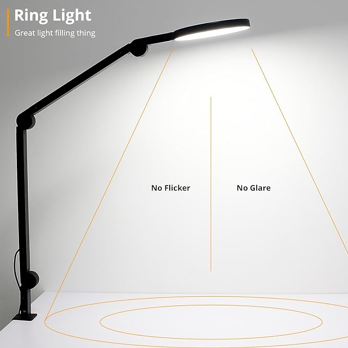 Desk Lamp with Clamp, Long Clip on Lights for Home Office, 3 Modes x 10 Brightness, Swing Arm Desk Clamp Task Table Lamps with Adapter, Black