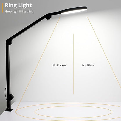 Desk Lamp with Clamp, Long Clip on Lights for Home Office, 3 Modes x 10 Brightness, Swing Arm Desk Clamp Task Table Lamps with Adapter, Black