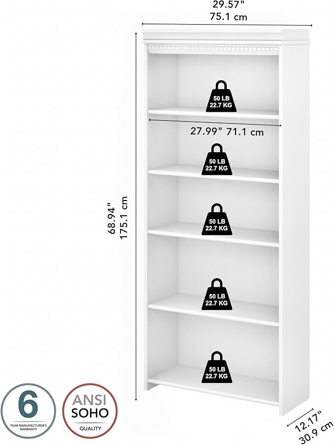 Bush Furniture Fairview Tall 5 Shelf Bookcase in Pure White and Shiplap Gray